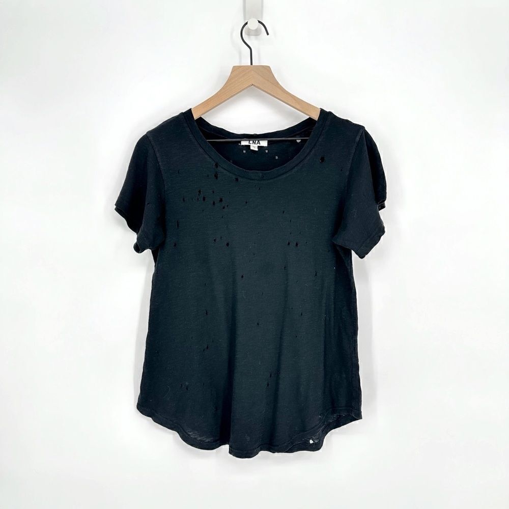 LNA Short Sleeve Distressed T Shirt Slub Jersey Cotton Black Women's Small